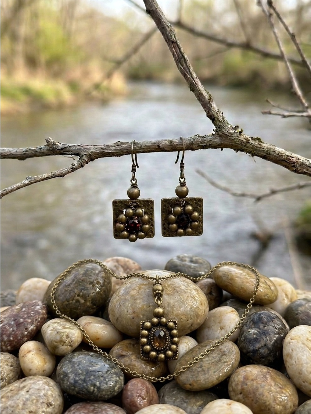 Antique Brass Pendant Necklace & Earrings